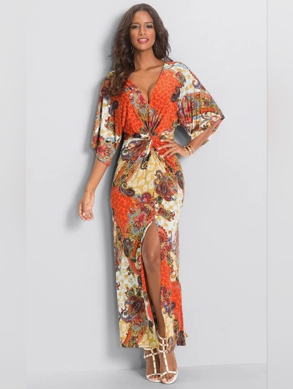 Vibrant Venus Maxi Dress Paisley Twisted Waist Spit Hem Size:XL